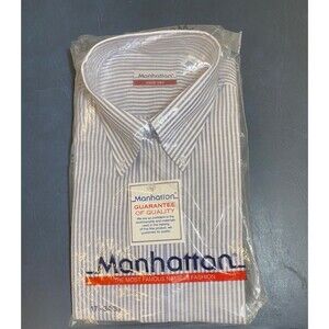 Manhattan Oxford Dress Shirt Men's 17 34/35~Blue/White Striped~VTG~New Old Stock